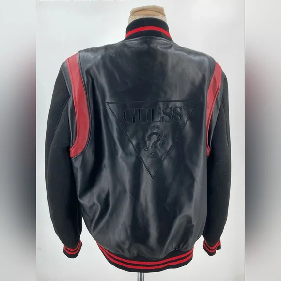 Guess Designer Leather Black and Red Bomber Men's Varsity Jacket XL